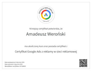 Amadeusz Weroński Certyfikat Google Ads z reklamy w sieci reklamowej 2024