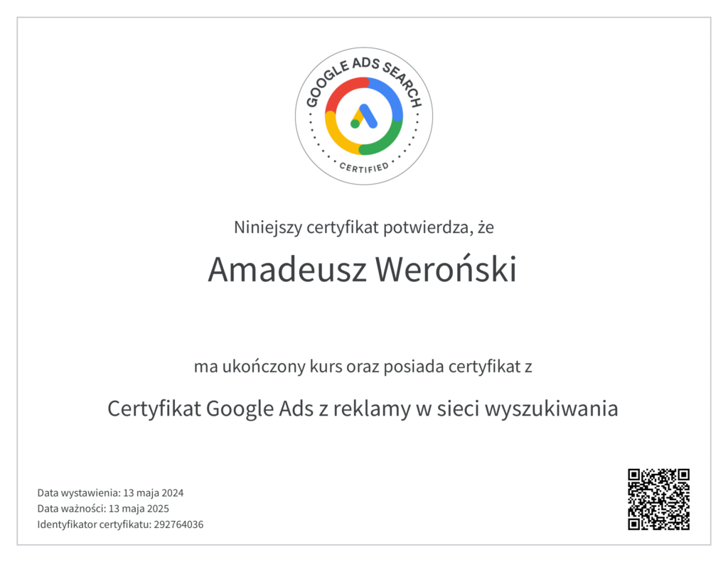 Amadeusz Weroński Certyfikat Google Ads z reklamy w sieci wyszukiwania 2024